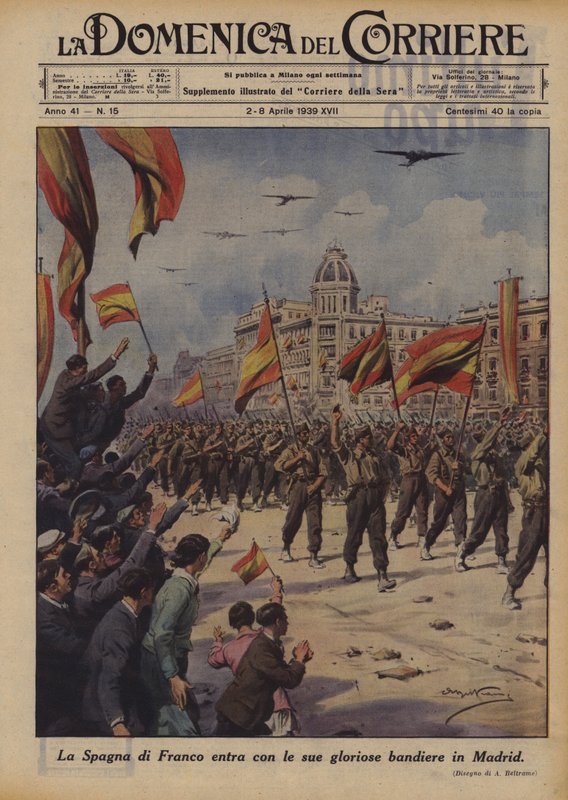 Hiszpania Franco wkracza do Madrytu ze swoimi wspaniałymi flagami autorstwa Achille Beltrame