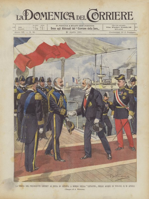 Wizyta prezydenta Loubeta u księcia Genui na pokładzie Lepanto na wodach Tulonu, 10 kwietnia autorstwa Achille Beltrame