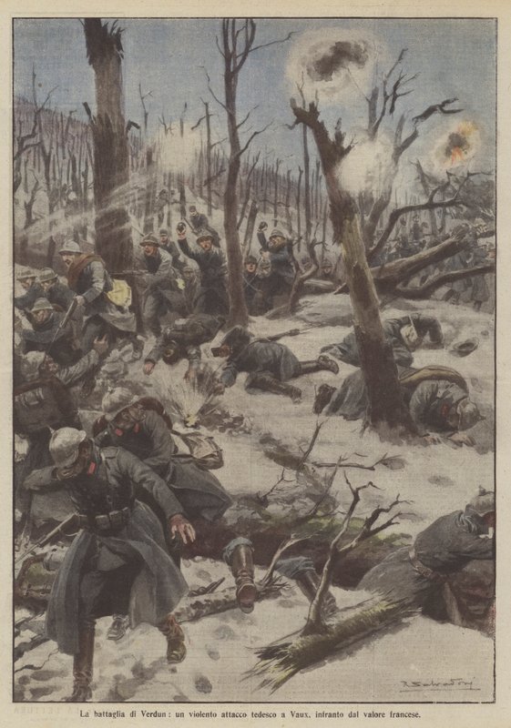 Bitwa pod Verdun, brutalny niemiecki atak na Vaux, roztrzaskany przez francuską waleczność autorstwa Achille Beltrame