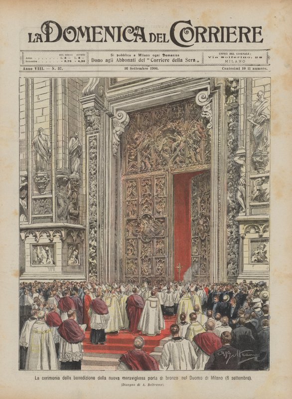 Ceremonia poświęcenia wspaniałych nowych drzwi z brązu w katedrze w Mediolanie (8 września) autorstwa Achille Beltrame