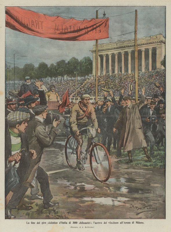 Zakończenie 3000-kilometrowej wycieczki rowerowej po Włoszech, przyjazd zwycięzcy na Milan Arena autorstwa Achille Beltrame