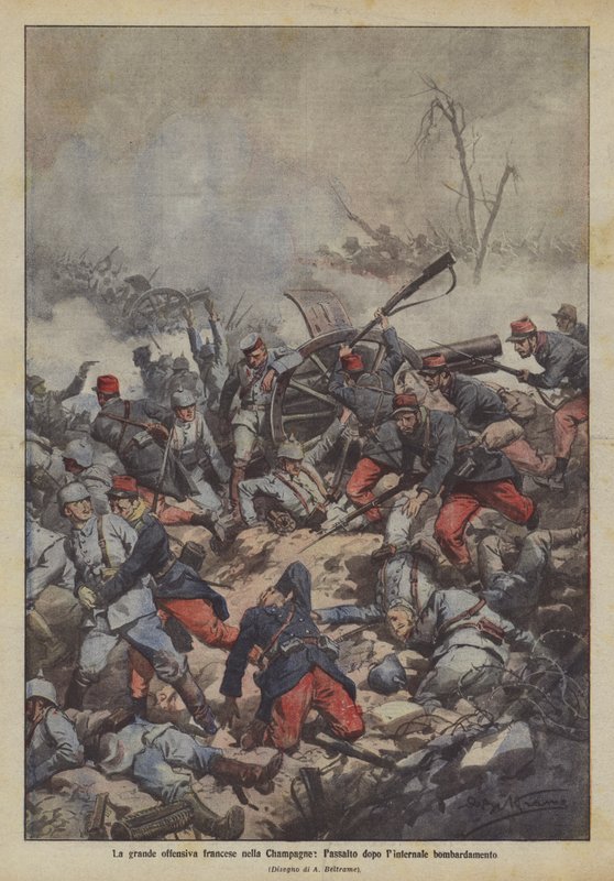 Wielka ofensywa francuska w Szampanii, szturm po wewnętrznym bombardowaniu autorstwa Achille Beltrame