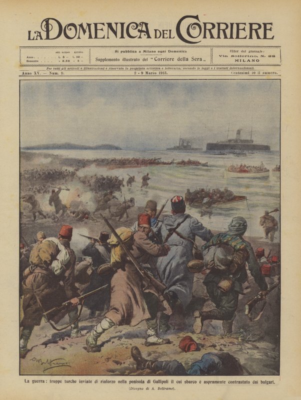 Wojna, wojska tureckie wysłane w celu wzmocnienia półwyspu Gallipoli czyje lądowanie? autorstwa Achille Beltrame