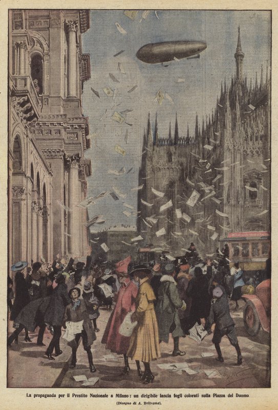 Propaganda Pożyczki Narodowej w Mediolanie, sterowiec wypuszcza kolorowe prześcieradła na Piazza del Duomo autorstwa Achille Beltrame