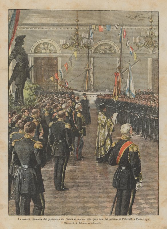 Uroczysta ceremonia ślubowania podchorążych marynarki wojennej w wielkiej sali pałacu Peterhoffa w Petersburgu autorstwa Achille Beltrame