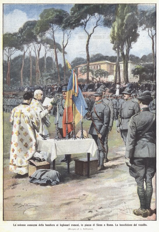 Uroczyste przekazanie flagi rumuńskim legionistom na Piazza di Siena w Rzymie autorstwa Achille Beltrame