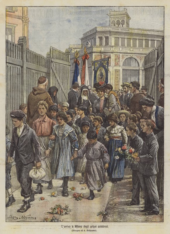 Przybycie sierot kalabryjskich do Mediolanu autorstwa Achille Beltrame