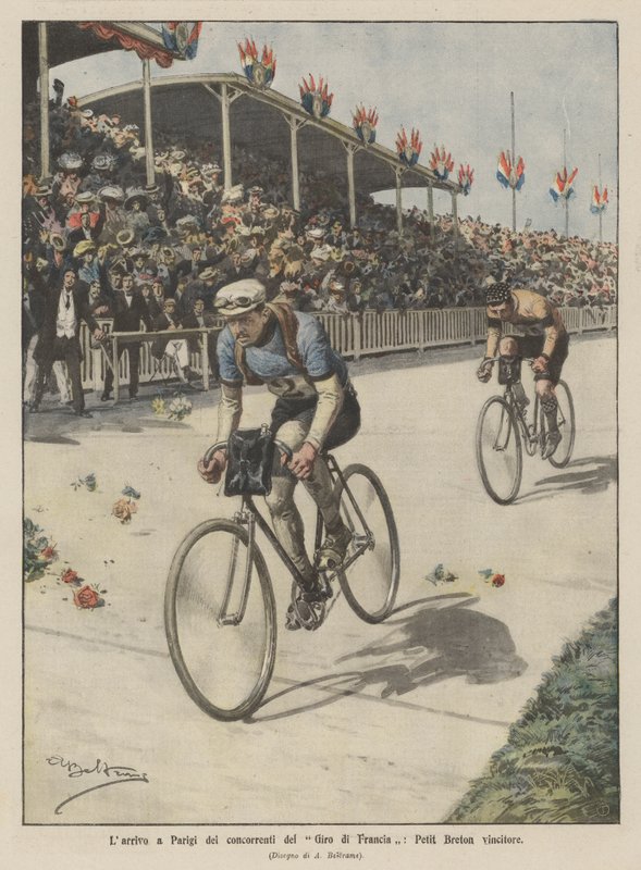Przybycie do Paryża zawodników Tour of France, zwycięzca Petit Breton autorstwa Achille Beltrame