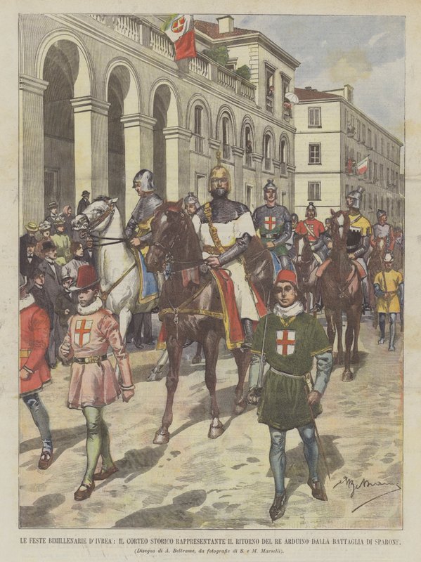 Imprezy dwutysiącletnie DIvrea, historyczna procesja reprezentująca powrót króla Arduino Dalla? autorstwa Achille Beltrame