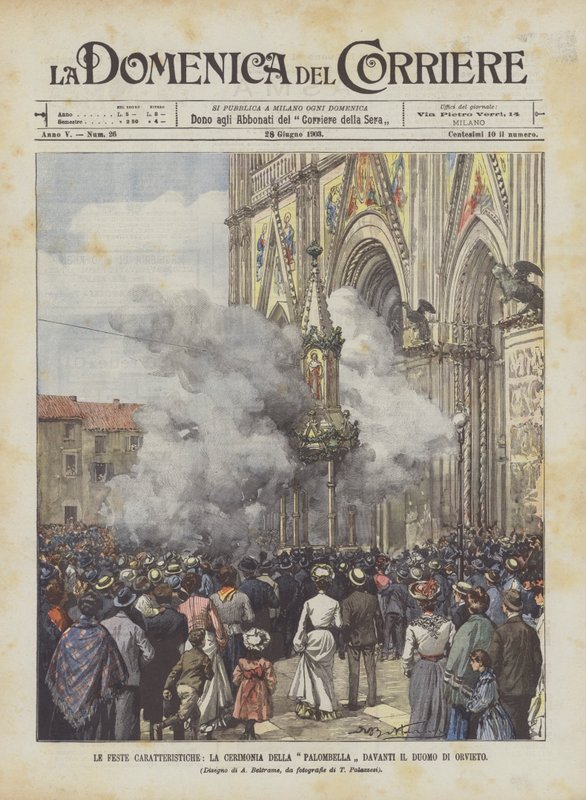 Charakterystyczne uroczystości, ceremonia Palombella przed katedrą w Orvieto autorstwa Achille Beltrame