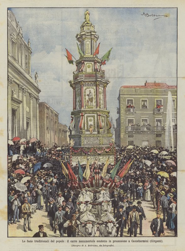 Tradycyjne święta ludu, monumentalny wóz przewożony w procesji do Casteltermini (Girgenti) autorstwa Achille Beltrame