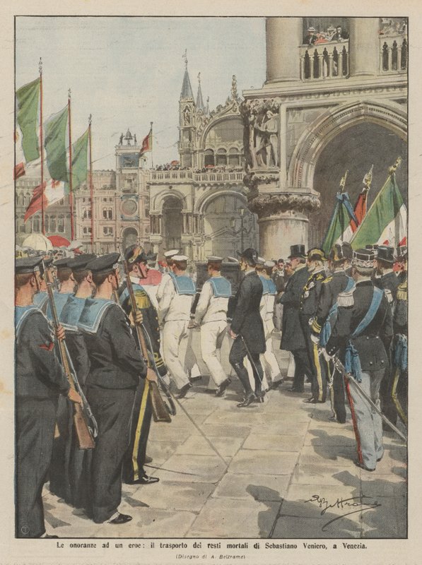 Honory dla bohatera, transport doczesnych szczątków Sebastiano Veniero do Wenecji autorstwa Achille Beltrame