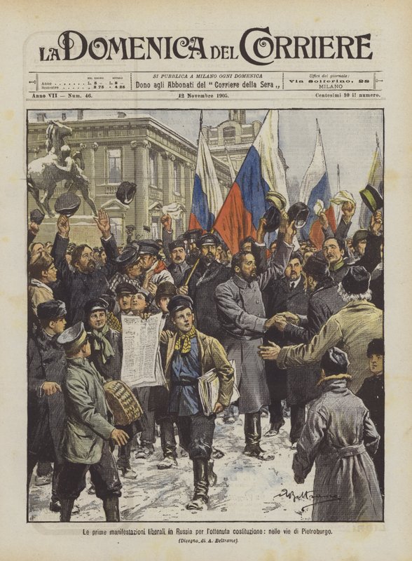 Pierwsze w Rosji liberalne demonstracje w obronie konstytucji na ulicach Petersburga autorstwa Achille Beltrame