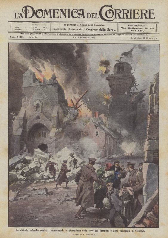 Zwycięstwa Niemców nad pomnikami, zniszczenie wież templariuszy i katedry w Nieuport autorstwa Achille Beltrame