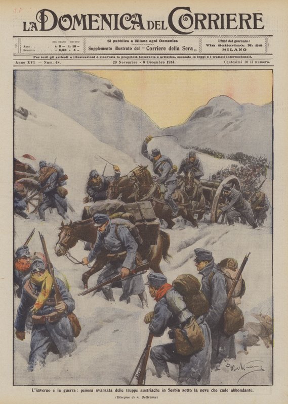 Zima i wojna, bolesny postęp wojsk austriackich w Serbii pod obfitym śniegiem, który pada autorstwa Achille Beltrame