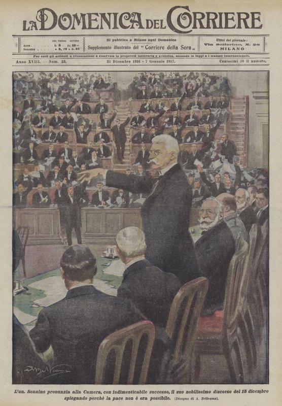 Lon Sonnino wygłasza Izbie, z niezapomnianym sukcesem, swoje szlachetne przemówienie? autorstwa Achille Beltrame