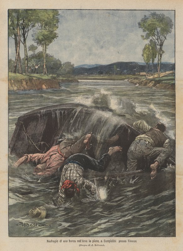 Wrak łodzi w zalanym Arno, w Compiobbi koło Florencji autorstwa Achille Beltrame