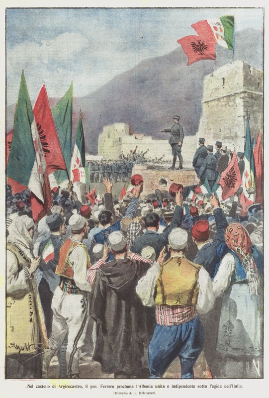 Na zamku Gjirokastra gen Ferrero ogłosił Albanię zjednoczoną i niezależną na prawie włoskim autorstwa Achille Beltrame