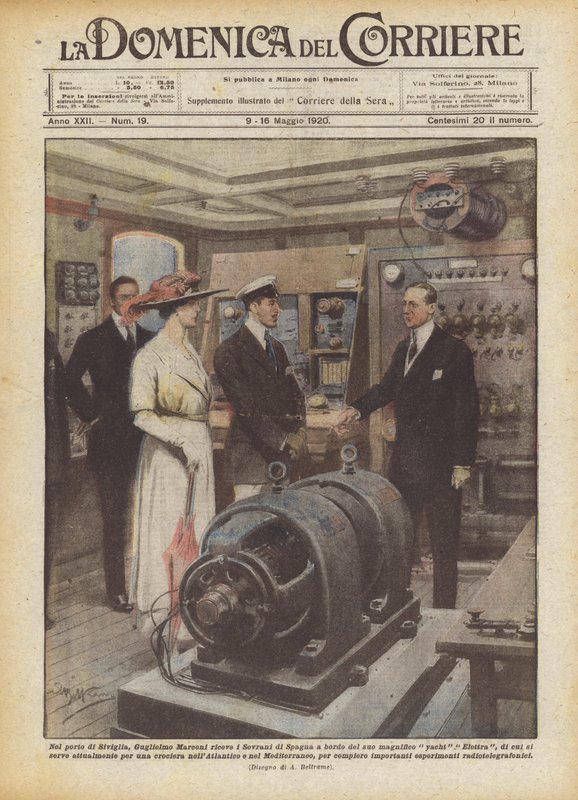 W porcie w Sewilli Guglielmo Marconi przyjmuje suwerenów Hiszpanii na pokładzie swojego wspaniałego? autorstwa Achille Beltrame