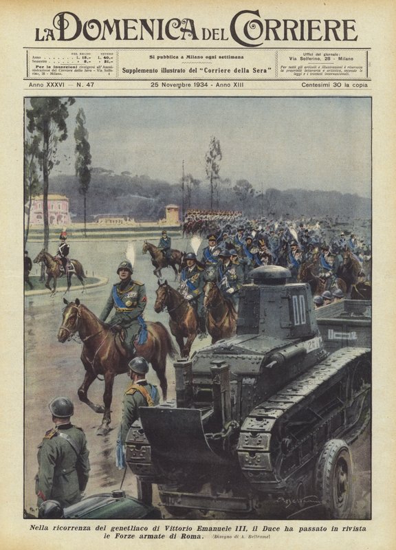 W rocznicę urodzin Vittorio Emanuele III Duce dokonał przeglądu Sił Zbrojnych Rzymu autorstwa Achille Beltrame