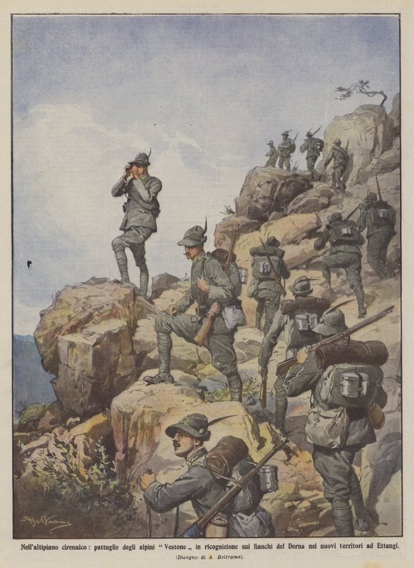 Na płaskowyżu Cyrenaic patrole rozpoznawcze Vestone Alpini na bokach Derny w? autorstwa Achille Beltrame