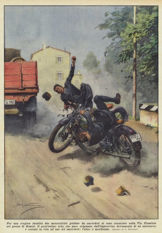 Tragicznym losem zderzyły się na Drodze dwa motocykle prowadzone przez księży? autorstwa Achille Beltrame