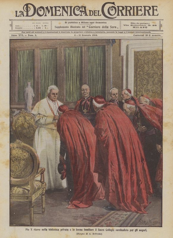 Pius X przyjmuje na powitanie Święte Kolegium Kardynałów w swojej prywatnej i rodzinnej bibliotece autorstwa Achille Beltrame