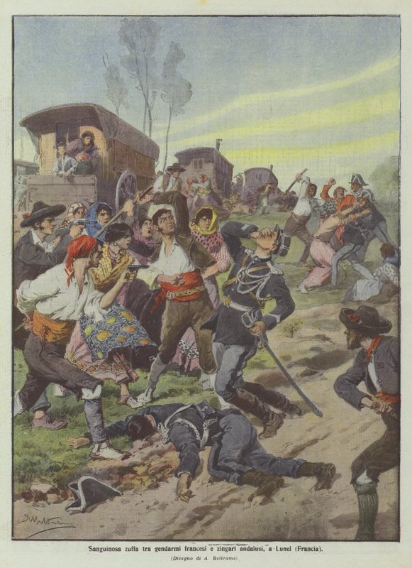 Krwawa walka francuskich żandarmów z Cyganami andaluzyjskimi w Lunel (Francja) autorstwa Achille Beltrame