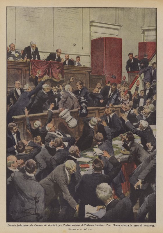 Nieprzyzwoite sceny w Izbie Deputowanych za blokowanie skrajnej lewicy, lon? autorstwa Achille Beltrame