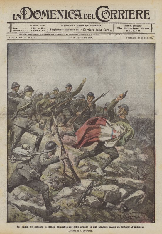 Na Veliki kapitan rzuca się do szturmu z klatką piersiową owiniętą flagą, którą niesie Gabriele dAnnunzio autorstwa Achille Beltrame