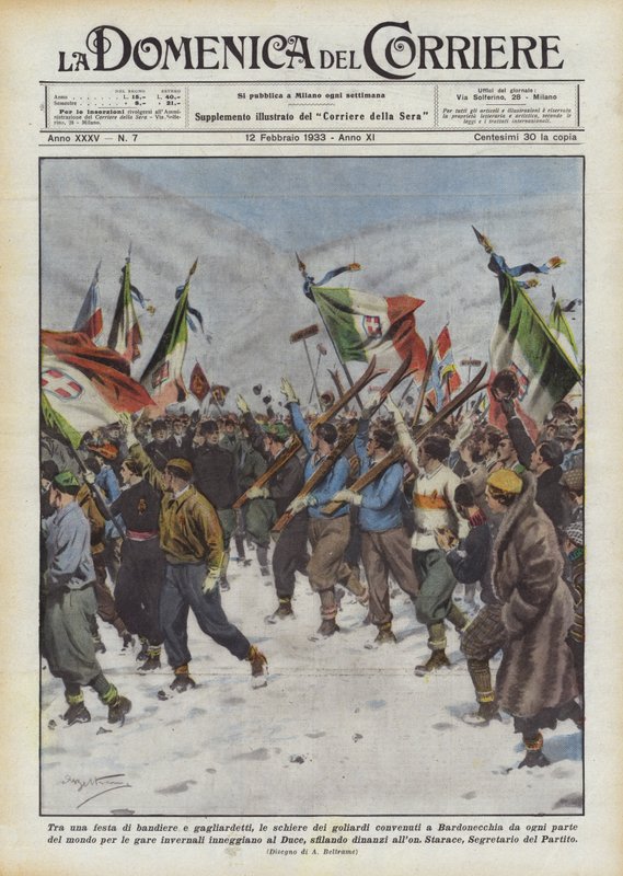 Pomiędzy grupą flag i proporców, szeregi goliardów zebranych w Bardonecchia z całego świata? autorstwa Achille Beltrame
