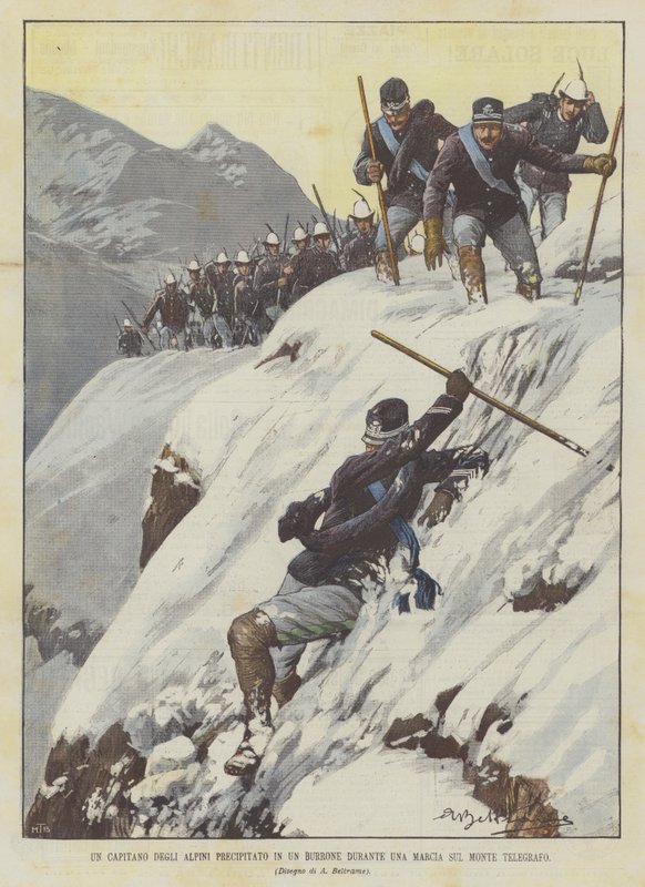 Kapitan Alpini wpadł do wąwozu podczas marszu na górze Telegraph autorstwa Achille Beltrame