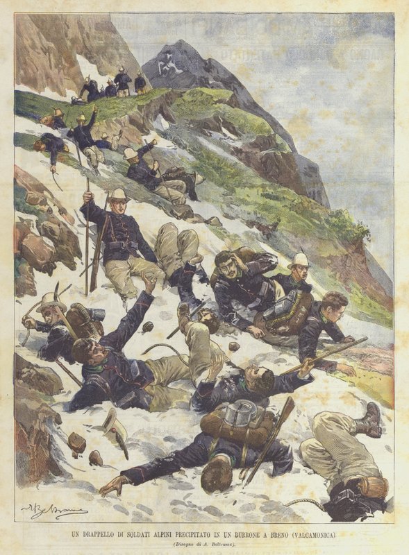Uwięzienie alpejskich żołnierzy wpadłych do wąwozu w Breno (Valcamonica) autorstwa Achille Beltrame