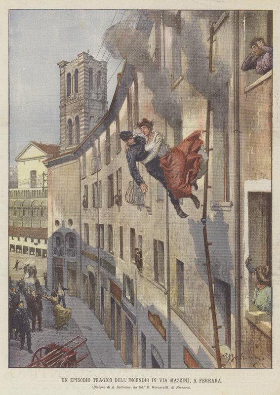 Tragiczny epizod pożaru na Via Mazzini, Ferrara autorstwa Achille Beltrame