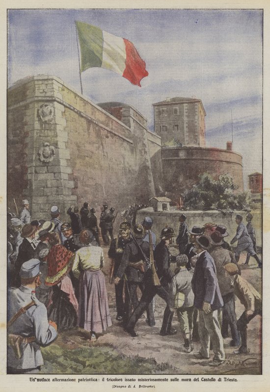 Odważna patriotyczna afirmacja, trójkolorowy w tajemniczy sposób wzniesiony na murach zamku w Trieście autorstwa Achille Beltrame