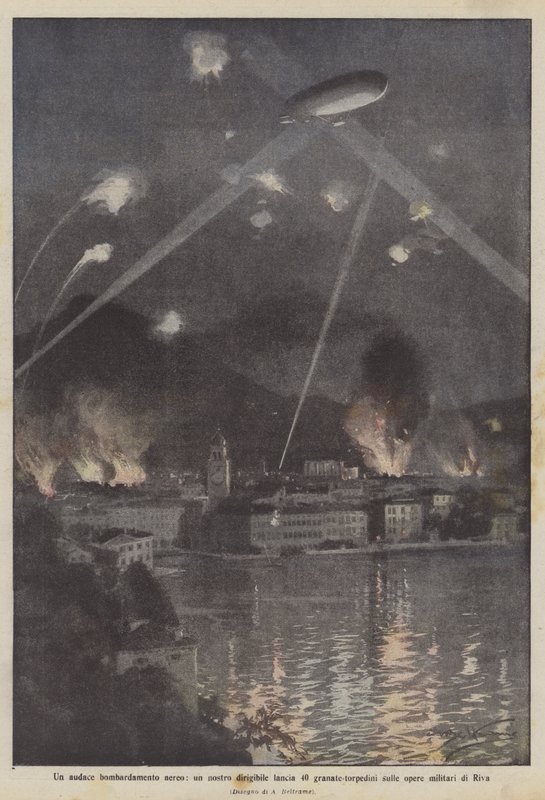 Zuchwały bombardowanie z powietrza, jeden z naszych sterowców wystrzeliwuje 40 granatów torpedowych na dzieła wojskowe Rivy autorstwa Achille Beltrame