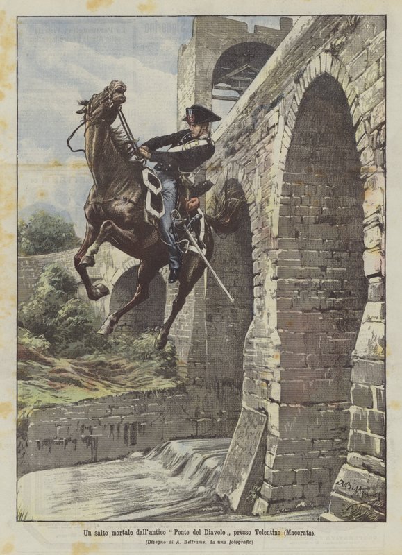 Salto ze starożytnego Diabelskiego Mostu w pobliżu Tolentino (Macerata) autorstwa Achille Beltrame