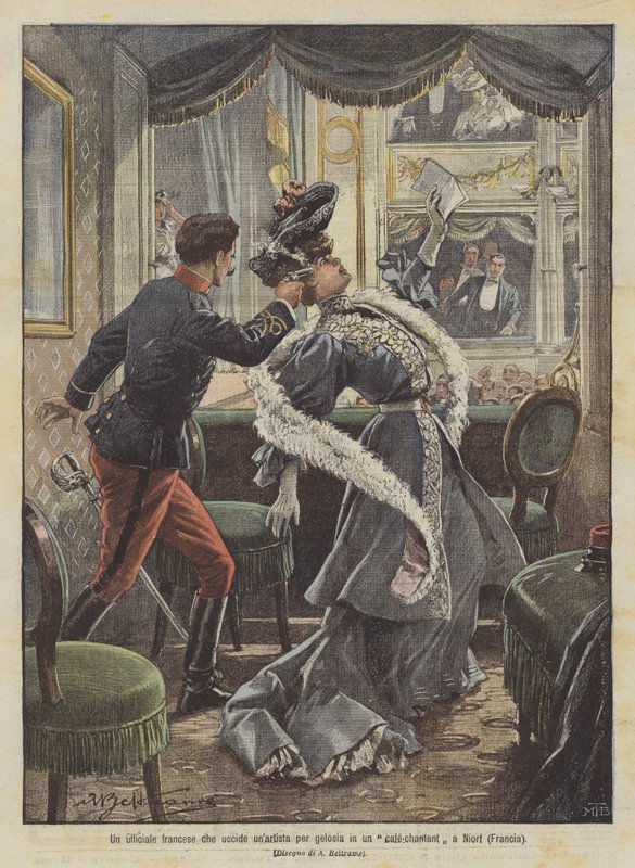 Francuski oficer z zazdrości zabija artystę w kawiarni-chantant w Niort (Francja) autorstwa Achille Beltrame