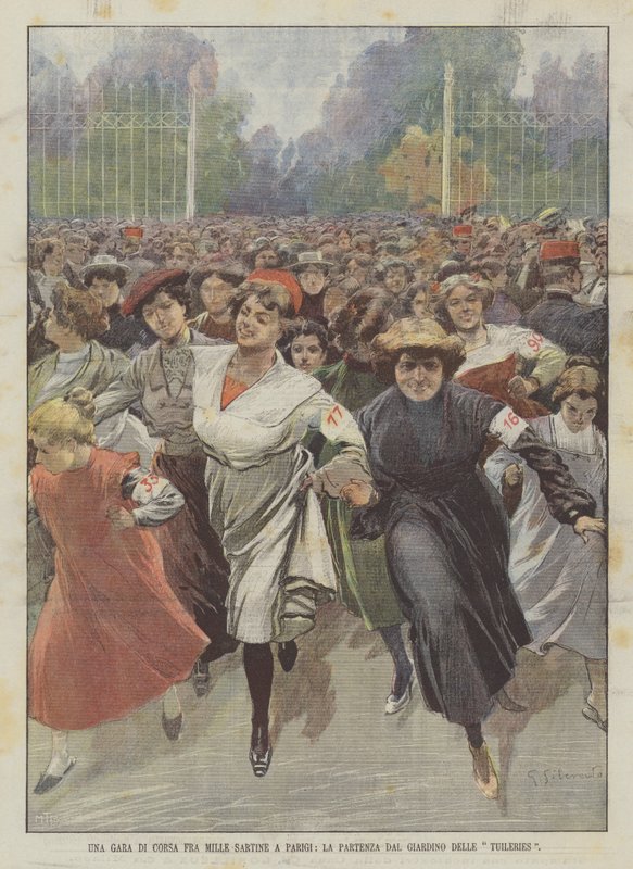 Wyścig biegowy wśród tysiąca Sartine w Paryżu, wyjazd z Ogrodu Tuileries autorstwa Achille Beltrame