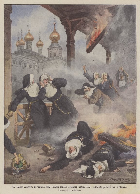 Zabytkowy klasztor w pożarze na Podolu (Europejska Rosja), w płomieniach zginęło pięć katolickich zakonnic autorstwa Achille Beltrame