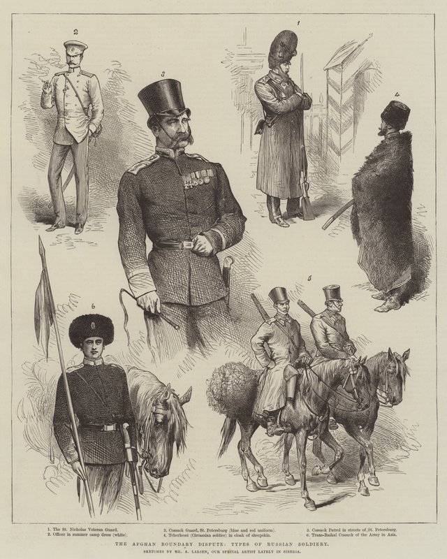 Afgański spór graniczny, rodzaje rosyjskiej żołnierstwa autorstwa Adolf Alfred Larsen