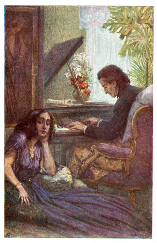 Muzyk i kompozytor Fryderyk Chopin z George Sand Adolfa Karpellusa (litografia kolorowa) autorstwa Adolf Karpellus