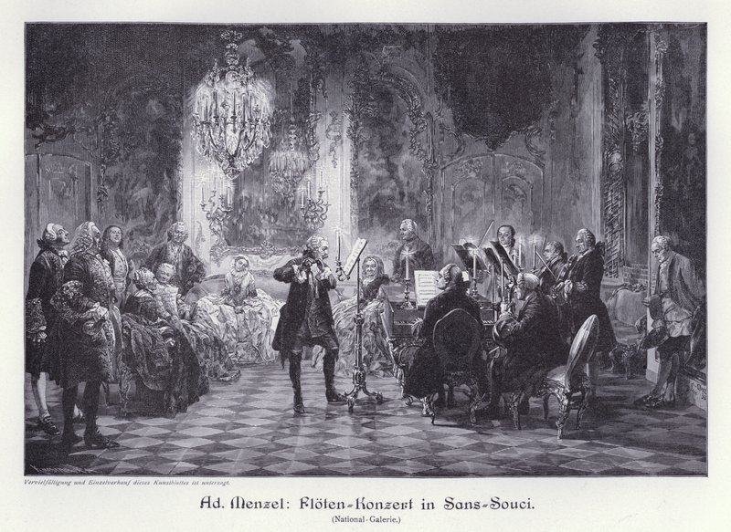 Koncert fletowy w Pałacu Sanssouci, Poczdam, Prusy (rycina) autorstwa Adolph Friedrich Erdmann von (after) Menzel