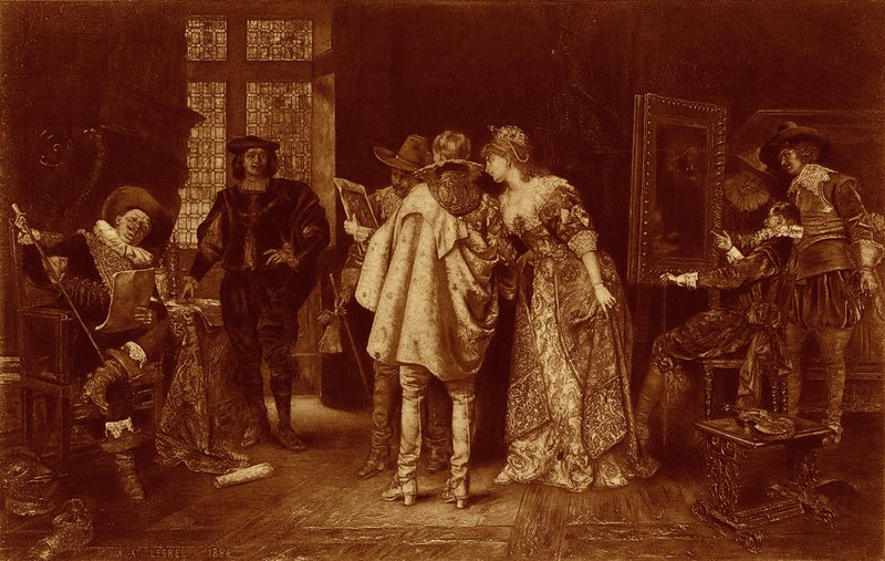 Koneserzy w pracowni Rembrandta, ilustracja z „Wielkich mężczyzn i sławnych kobiet” (lito) autorstwa Adolphe Alexandre (after) Lesrel