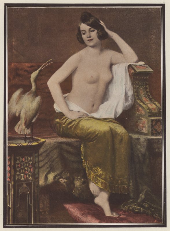 Faworyt, kobieta z ptakiem (kolor litho) autorstwa Adolphe Weisz