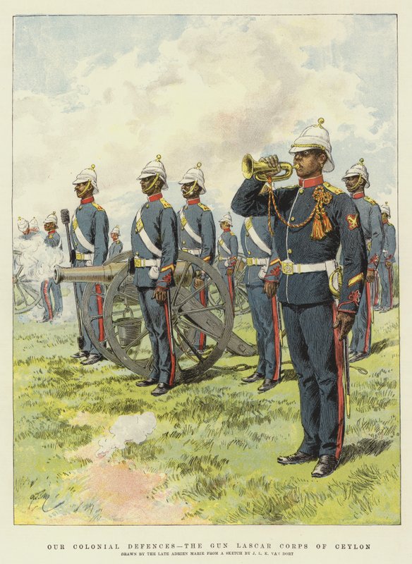 Nasza obrona kolonialna, Gun Lascar Corps of Cejlon (chromolitho) autorstwa Adrien Emmanuel Marie