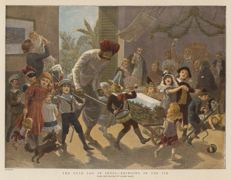 The Yule Log w Indiach, Bringing in the Ice (chromolitho) autorstwa Adrien Emmanuel Marie