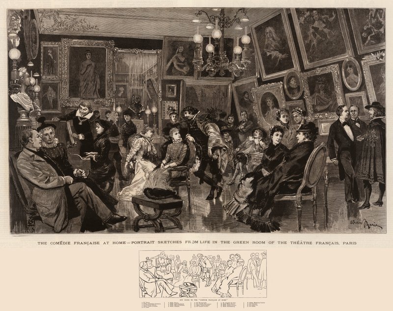Komedia francuska w domu, Szkice portretowe z życia w zielonej sali Teatru Francais, Paryż autorstwa Adrien Emmanuel Marie