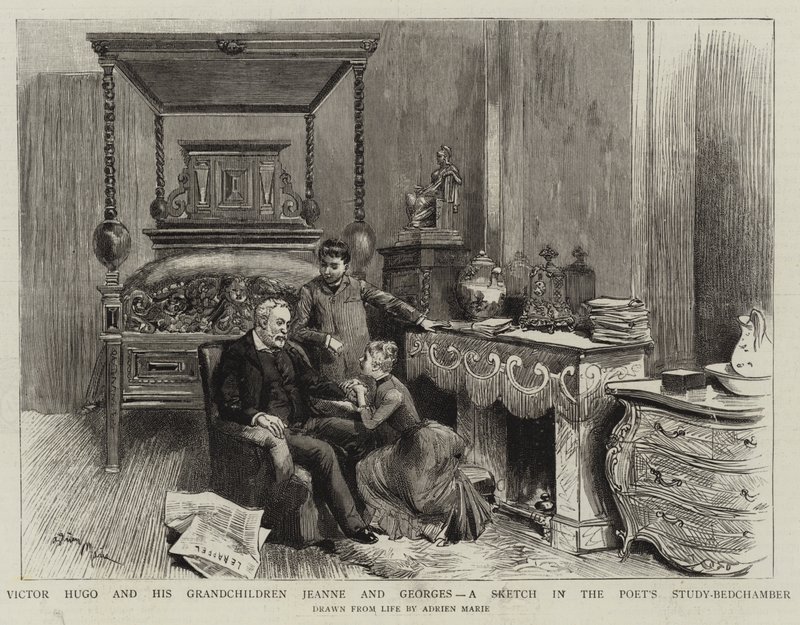 Victor Hugo i jego wnuki Jeanne i Georges, szkic w gabinecie-sypialni poety autorstwa Adrien Emmanuel Marie