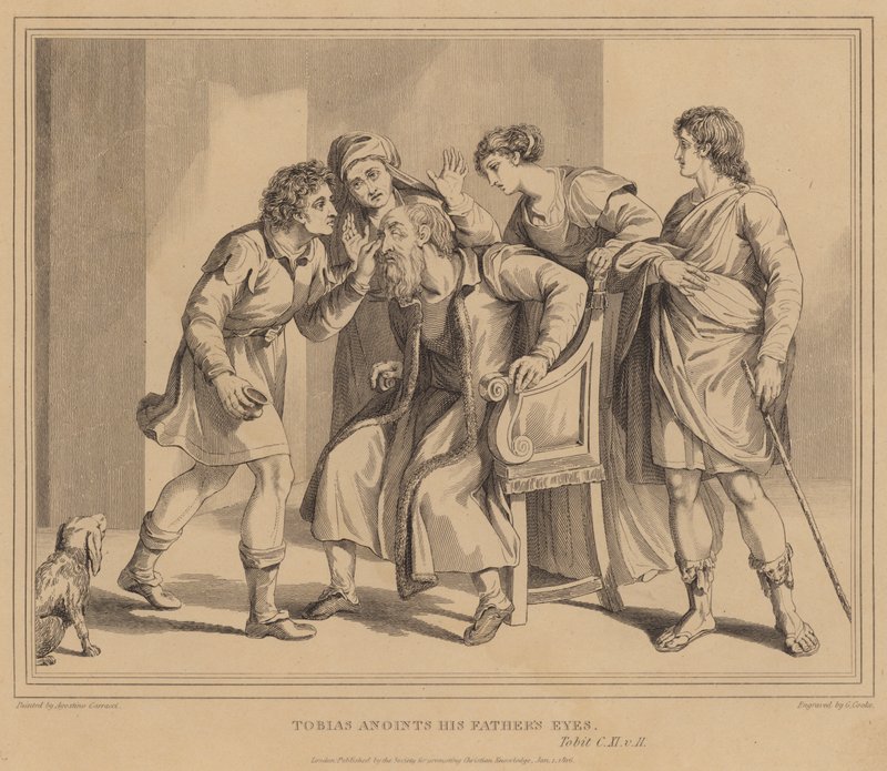 Tobiasz namaszcza oczy swojego Ojca, Tobit autorstwa Agostino Carracci